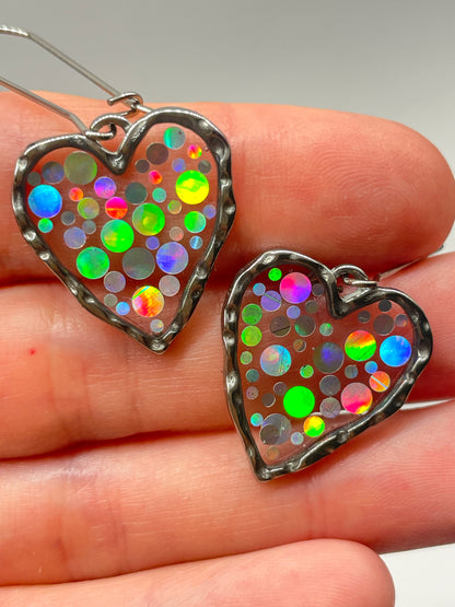 Disco heart earrings with  holographic silver sparkles