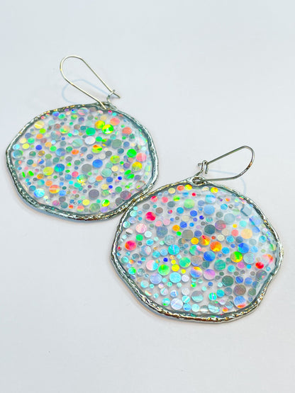 Large disco earrings with holographic silver sparkles