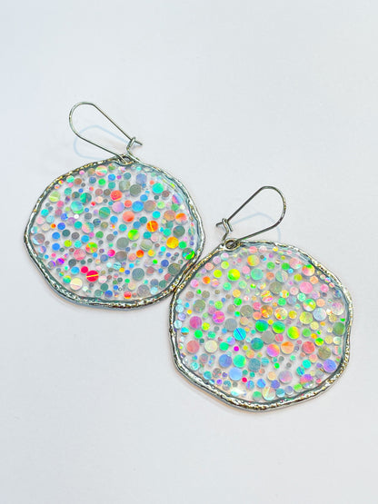 Large disco earrings with holographic silver sparkles