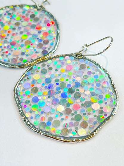 Large disco earrings with holographic silver sparkles