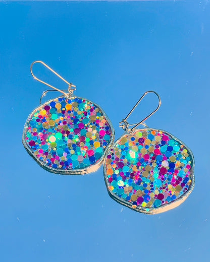 Large disco earrings with colourful sparkles