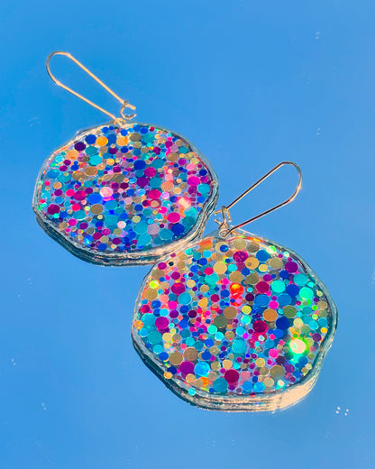 Large disco earrings with colourful sparkles