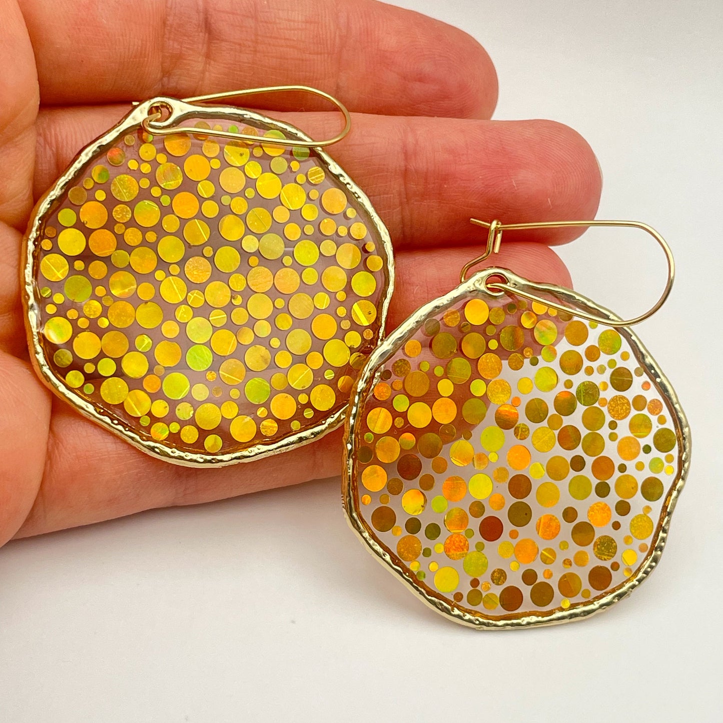 Large statement disco earrings with gold sequins