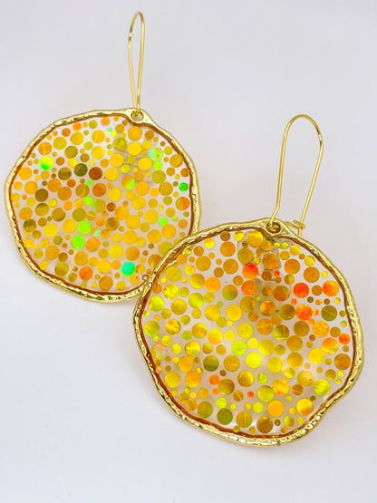 Large statement disco earrings with gold sequins