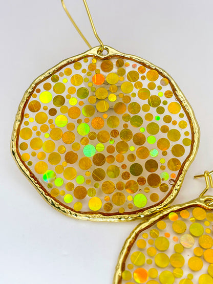 Large statement disco earrings with gold sequins