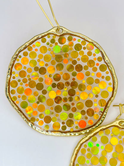 Large statement disco earrings with gold sequins