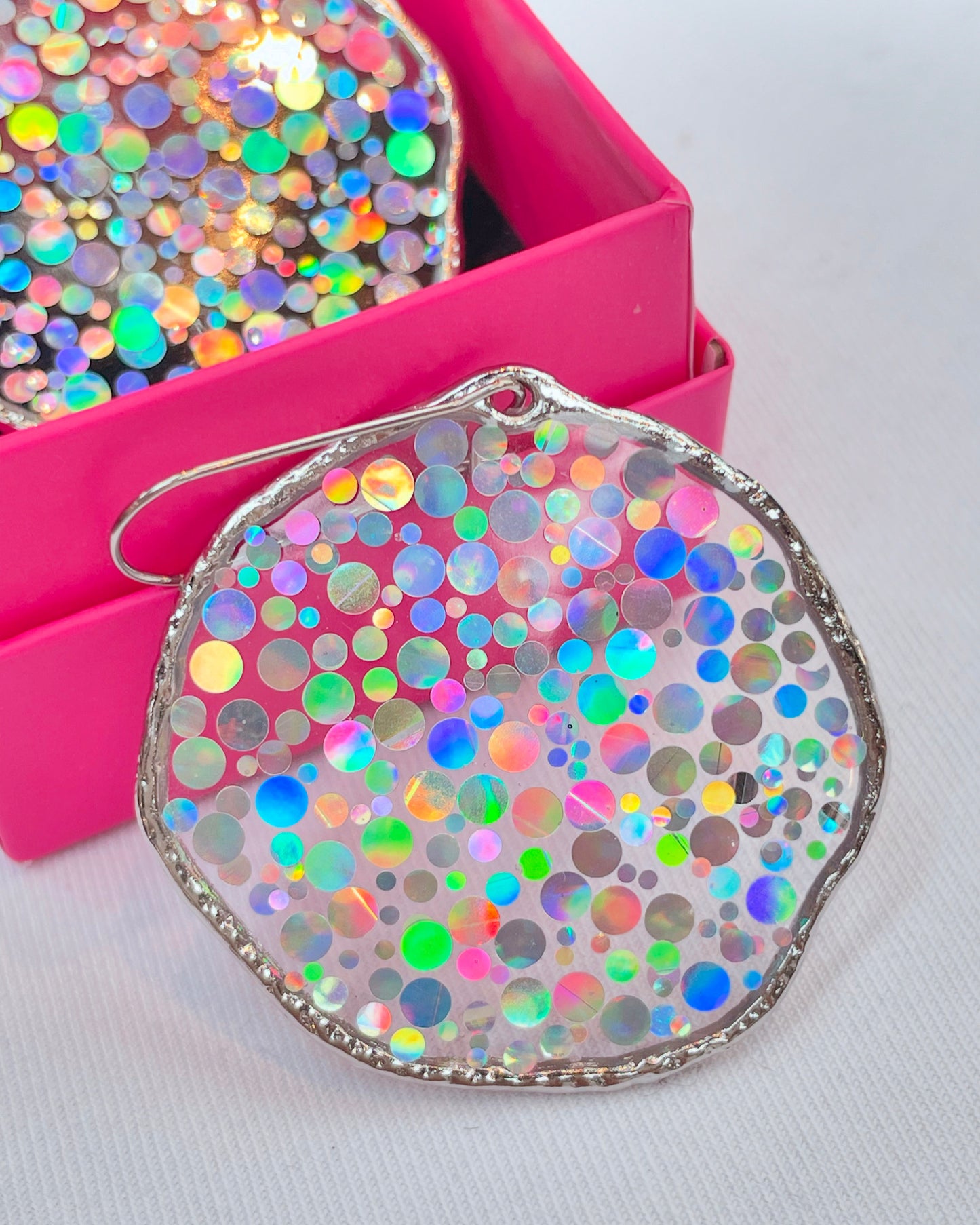 Large disco earrings with holographic silver sparkles