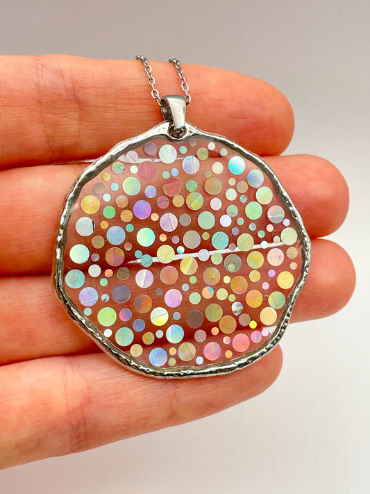 Large disco necklace with holographic silver sparkles