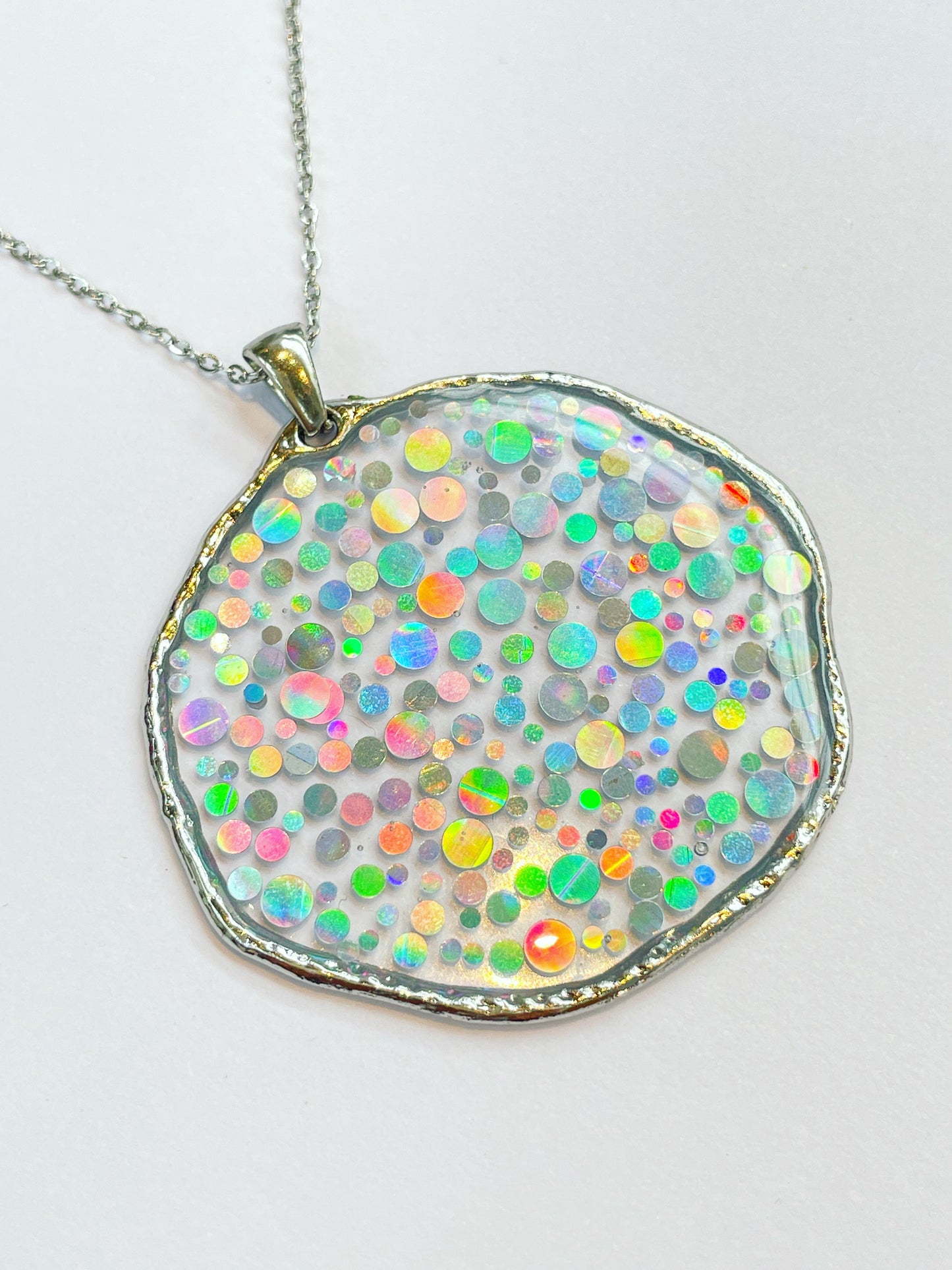 Large disco necklace with holographic silver sparkles