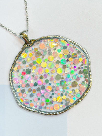 Large disco necklace with holographic silver sparkles