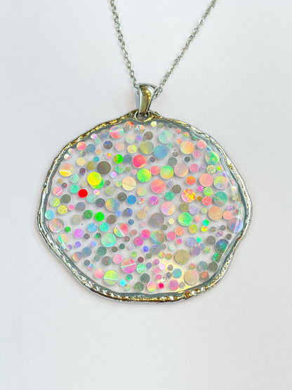 Large disco necklace with holographic silver sparkles