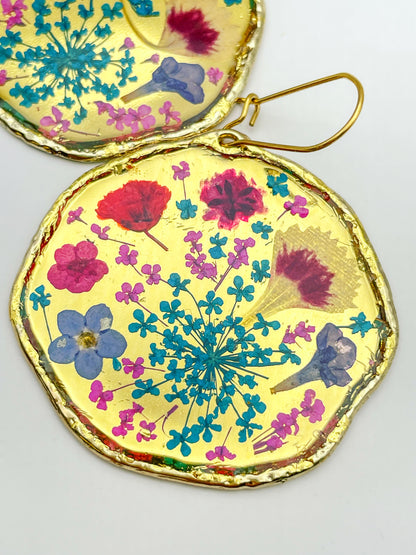 Large dangle earrings with real flowers and gold leaf