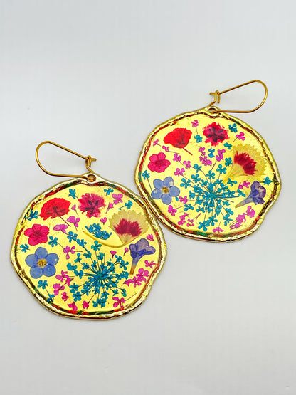 Large dangle earrings with real flowers and gold leaf