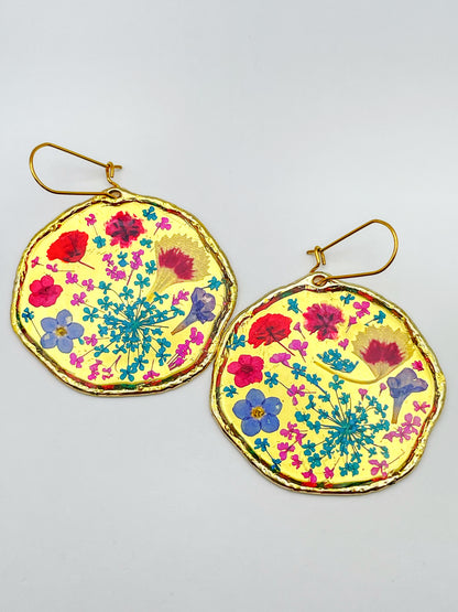 Large dangle earrings with real flowers and gold leaf