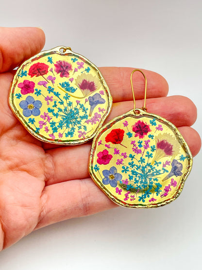 Large dangle earrings with real flowers and gold leaf