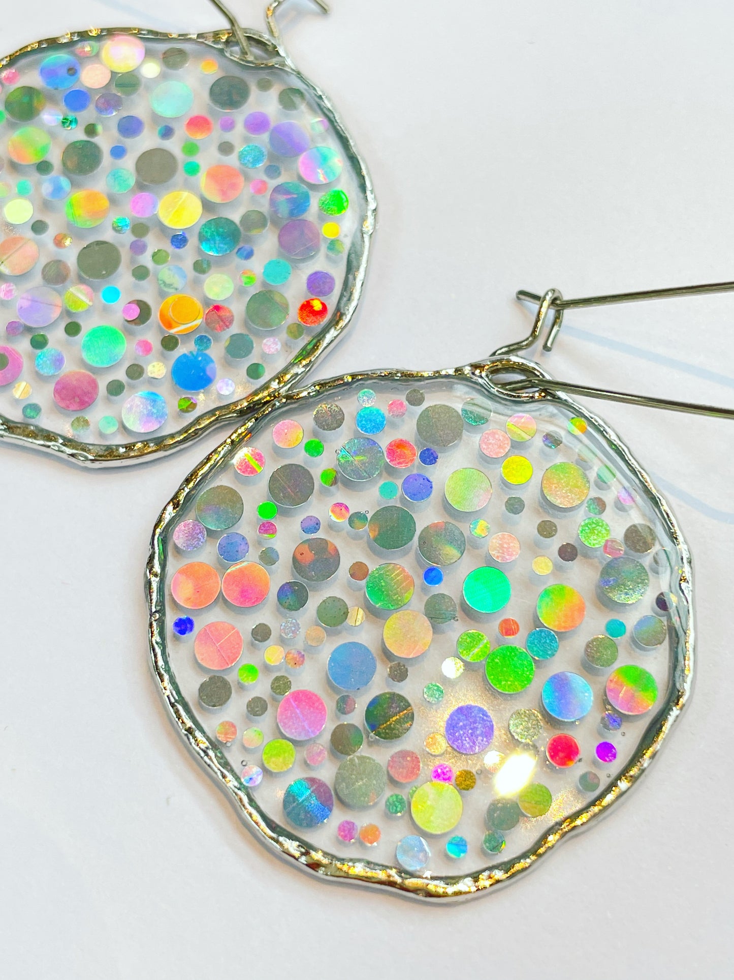 Medium disco earrings with holographic silver sparkles