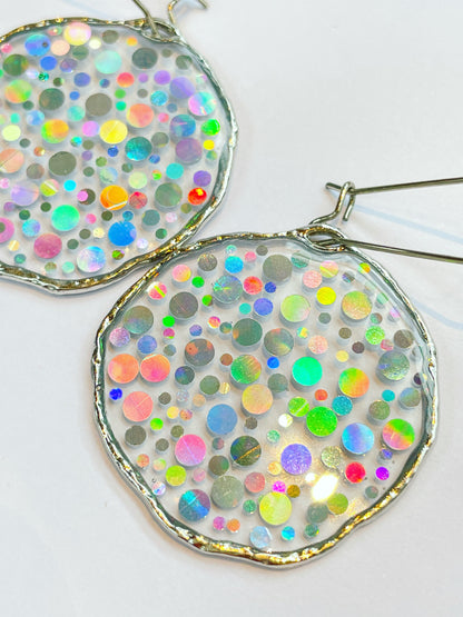 Medium disco earrings with holographic silver sparkles