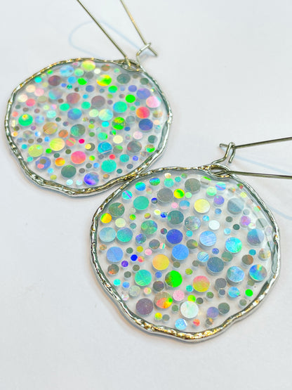 Medium disco earrings with holographic silver sparkles