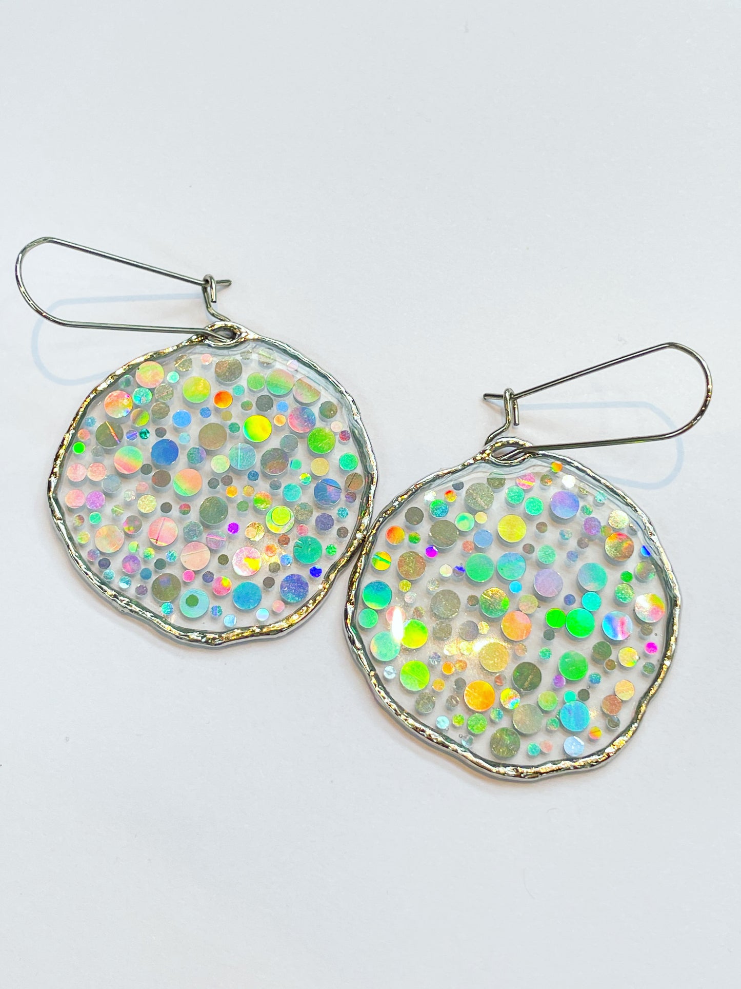 Medium disco earrings with holographic silver sparkles