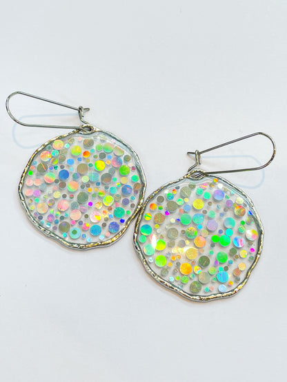 Medium disco earrings with holographic silver sparkles