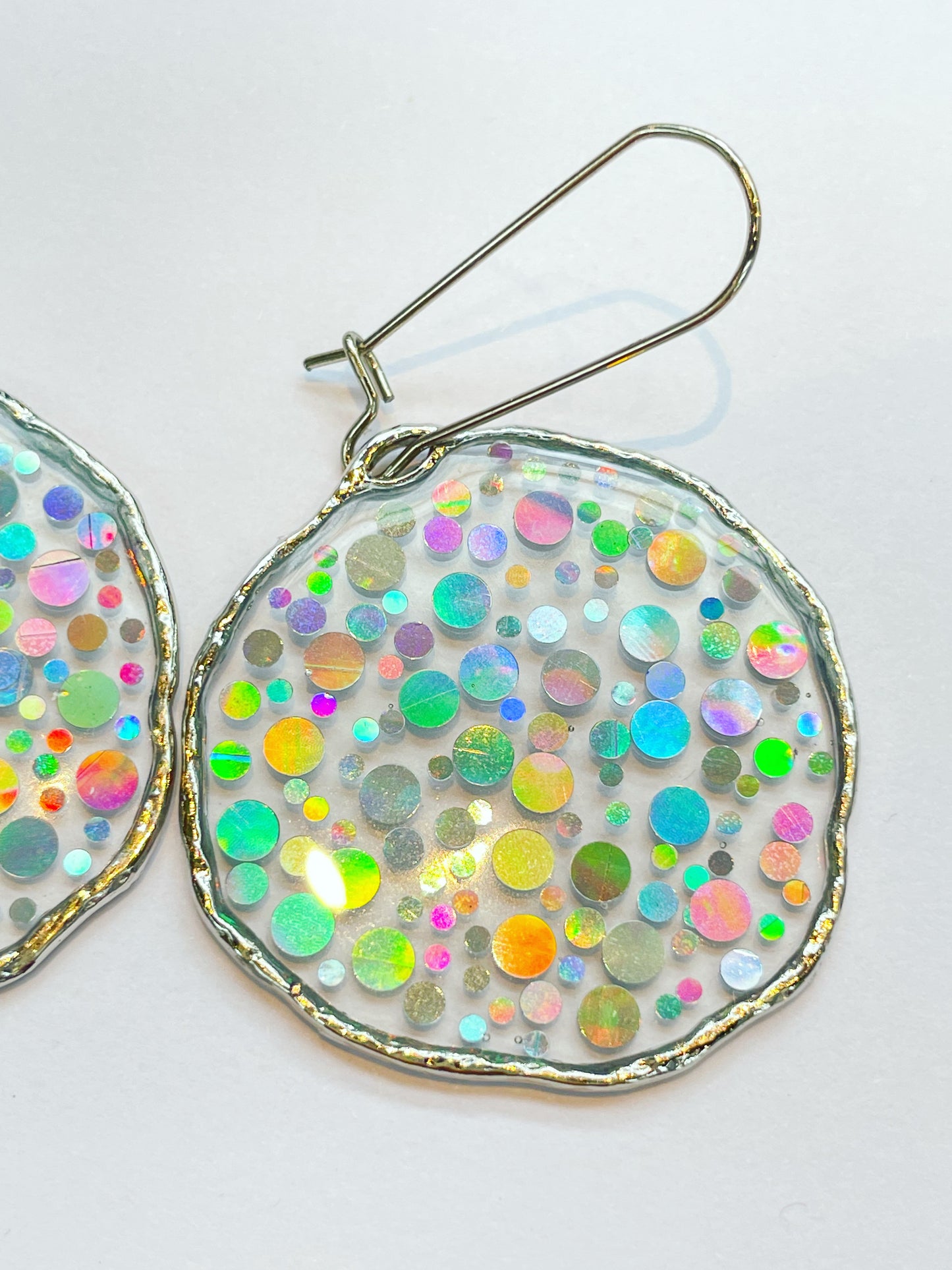 Medium disco earrings with holographic silver sparkles