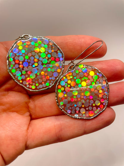 Medium disco earrings with holographic silver sparkles