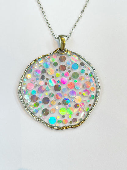 Medium disco necklace with holographic silver sparkles