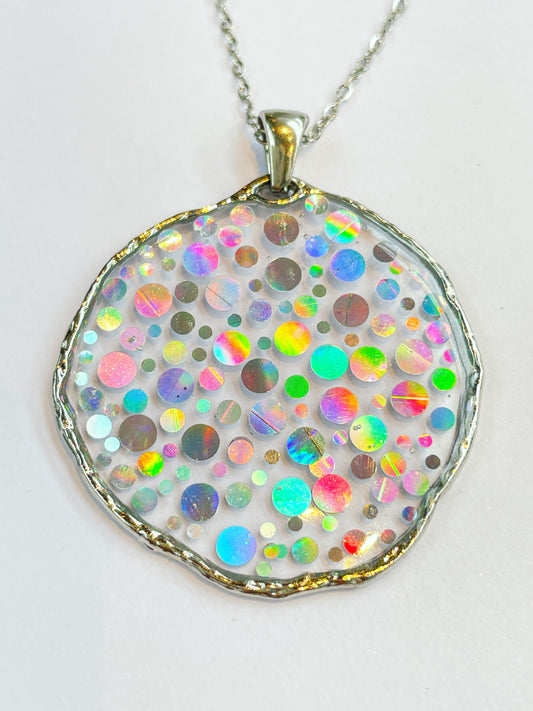 Medium disco necklace with holographic silver sparkles