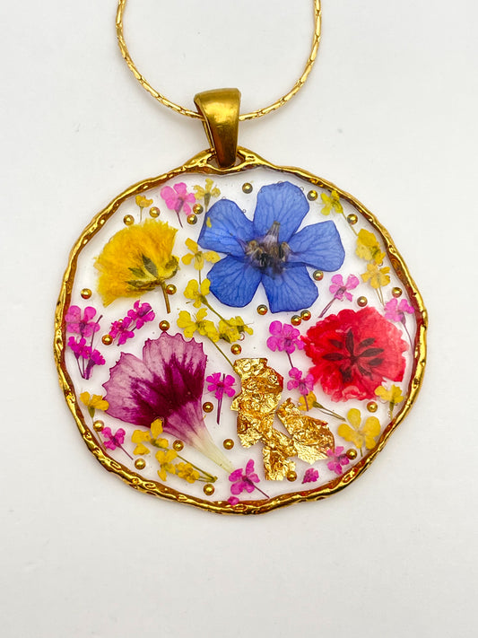 Medium pendant necklace with red poppies and colourful flowers
