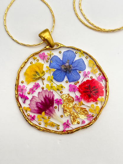 Medium pendant necklace with red poppies and colourful flowers