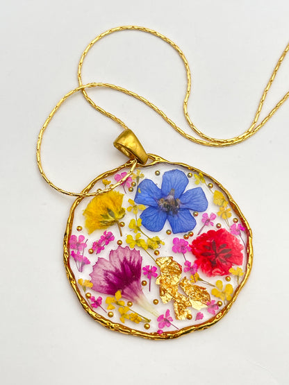Medium pendant necklace with red poppies and colourful flowers