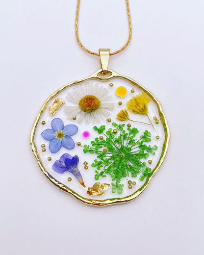 Medium pendant necklace with red poppies and colourful flowers