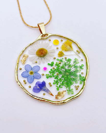 Medium pendant necklace with red poppies and colourful flowers