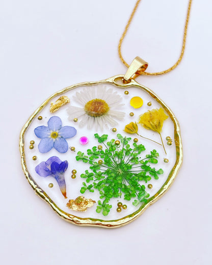 Medium pendant necklace with red poppies and colourful flowers