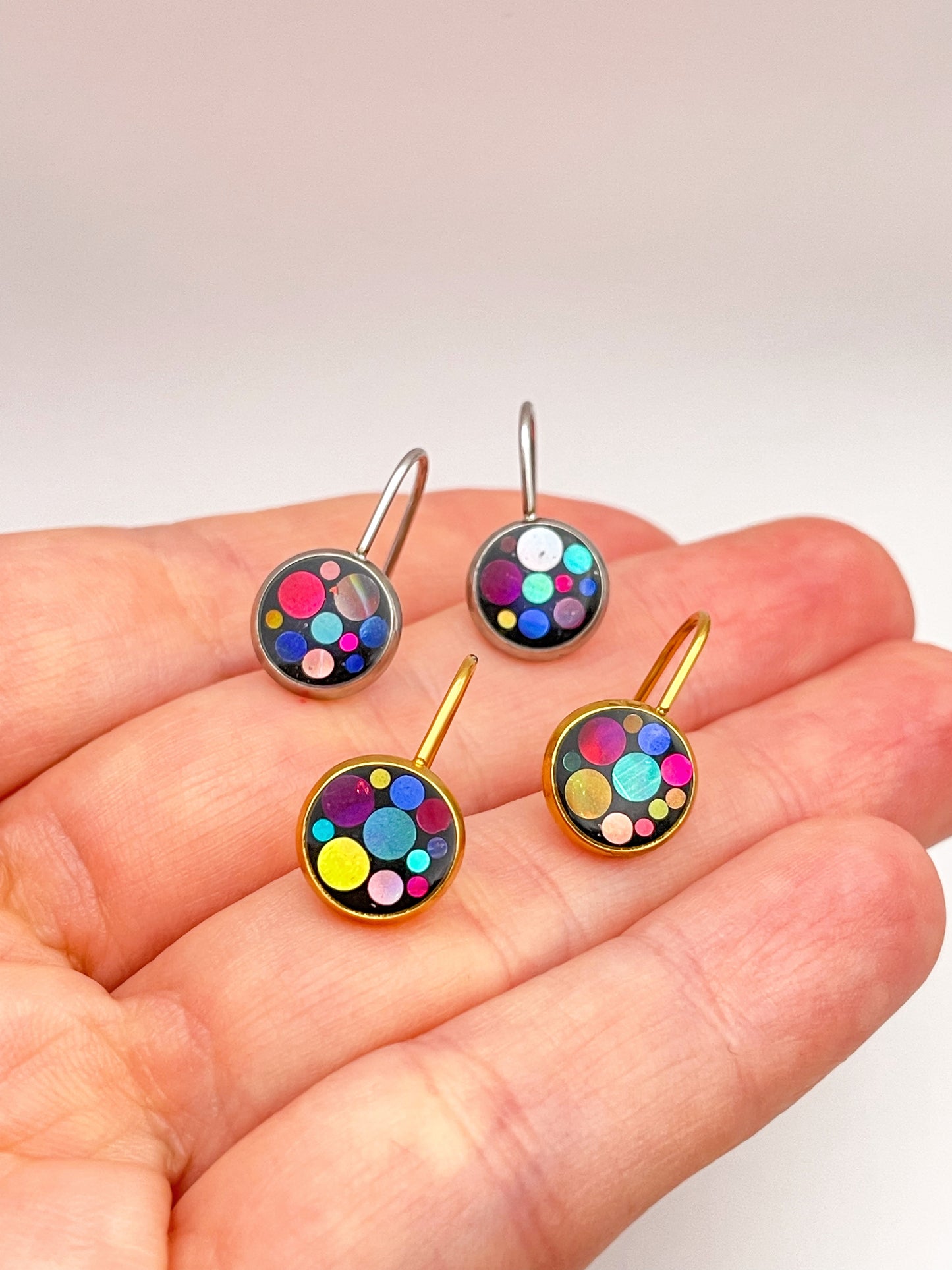 Mini disco drop earrings with colourful sparkles in black lacquer