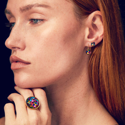 Mini disco drop earrings with colourful sparkles in black lacquer