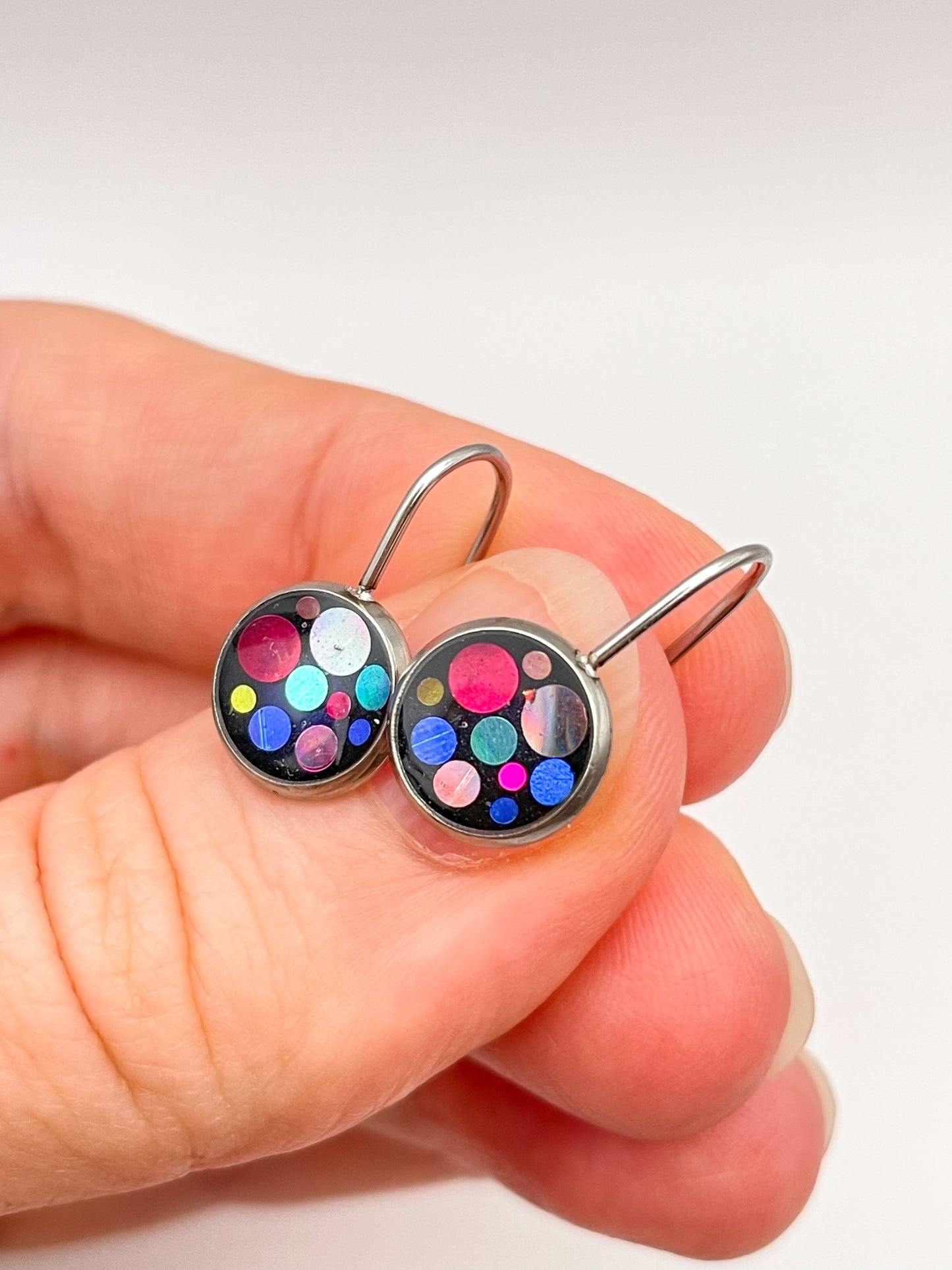 Mini disco drop earrings with colourful sparkles in black lacquer