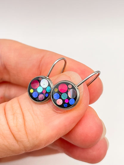 Mini disco drop earrings with colourful sparkles in black lacquer