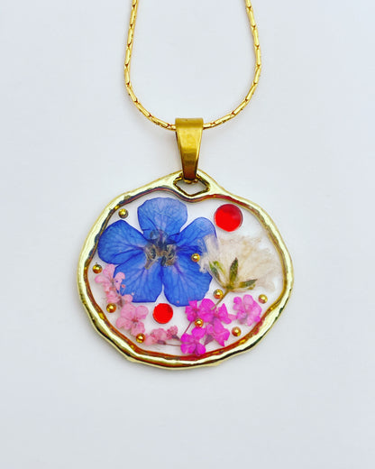 Dangle earrings with blue, white and pink gypsophila flowers