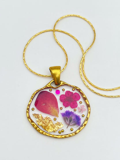 Dangle earrings with rose petals and gold leaf