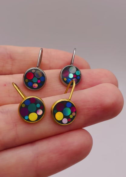 Mini disco drop earrings with colourful sparkles in black lacquer