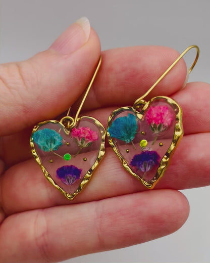 Heart earrings with colourful gypsophila flowers