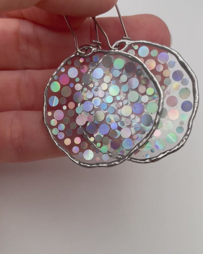 Medium disco earrings with holographic silver sparkles
