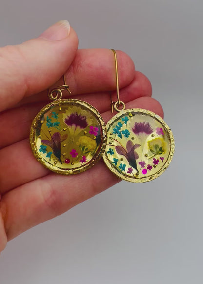 Gold dangle earrings with real pink flowers and gold leaf
