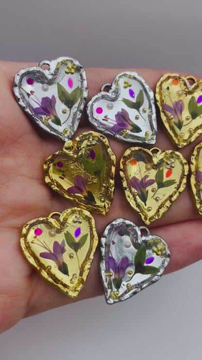 Silver heart earrings with pink flowers