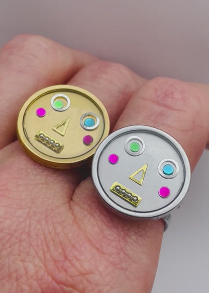 Funny Face Robot Statement Ring: 18k Gold Plated Adjustable Ring