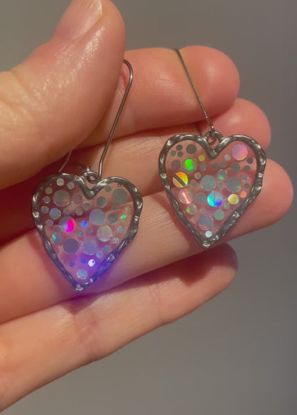 Disco heart earrings with  holographic silver sparkles
