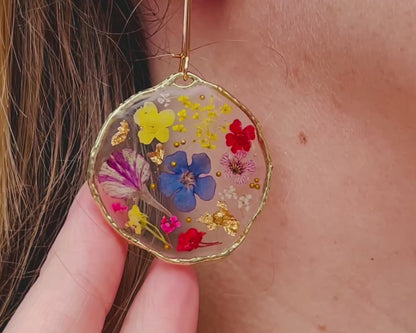 Dangle earrings with red poppiers and colourful flowers