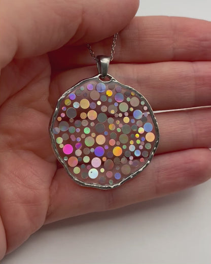 Medium disco necklace with holographic silver sparkles
