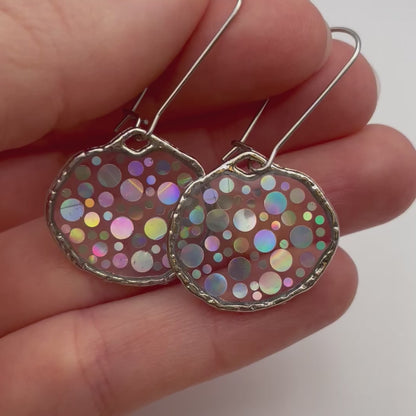 Small disco earrings with holographic silver sparkles